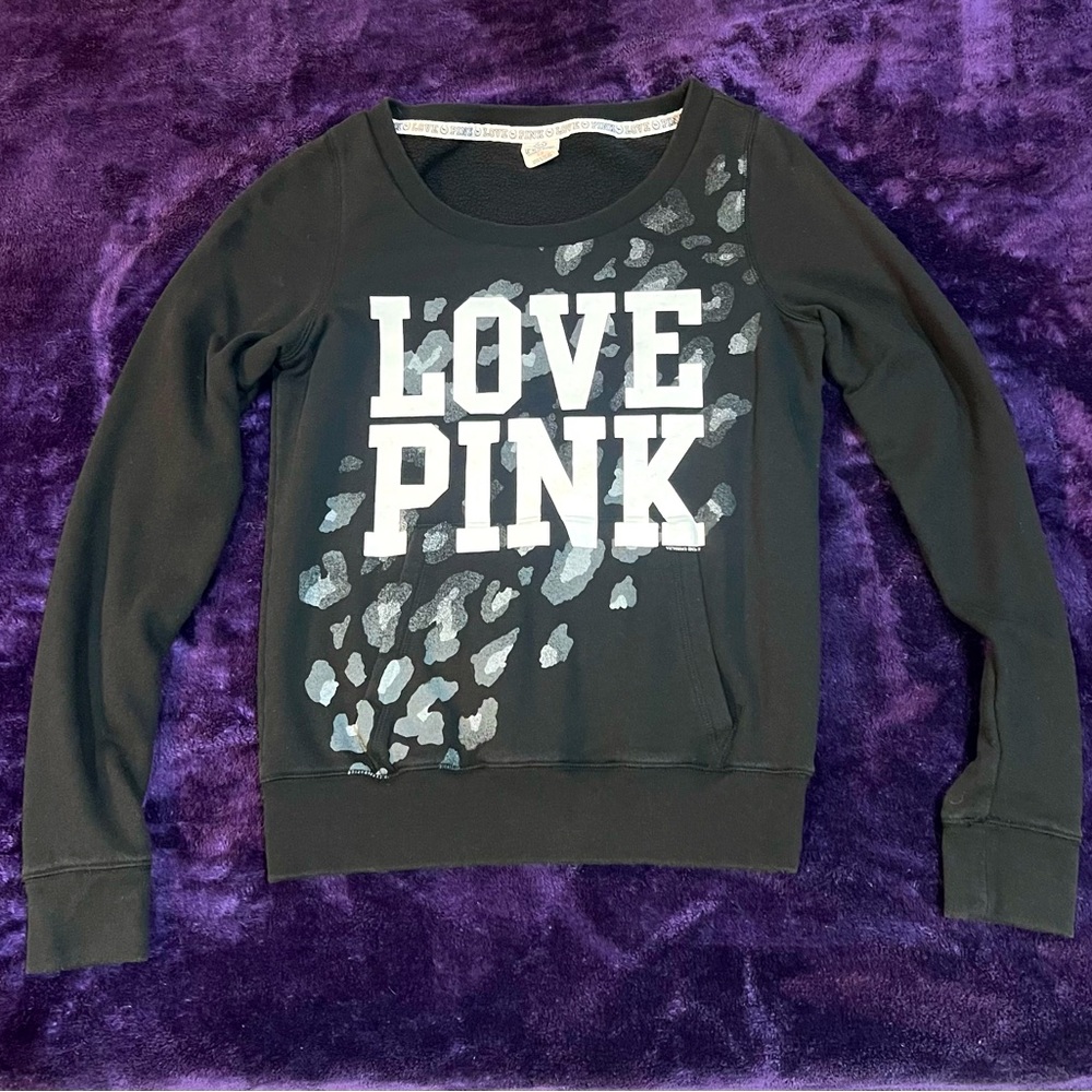 Victoria's Secret Sweatshirt Black Leopard Print Pullover W/ Pocket - Small